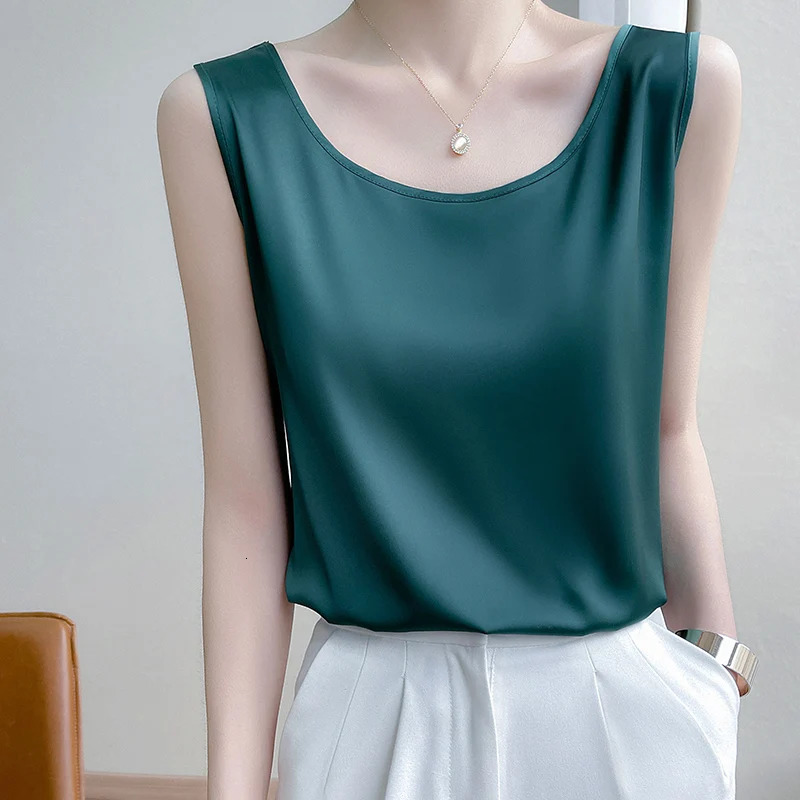 Summer Silk Camis Womens T Shirts Sleeveless Vest Satin Tank Tops Office Elegant Fashion O Neck Champagne BlouseTop Women 250605