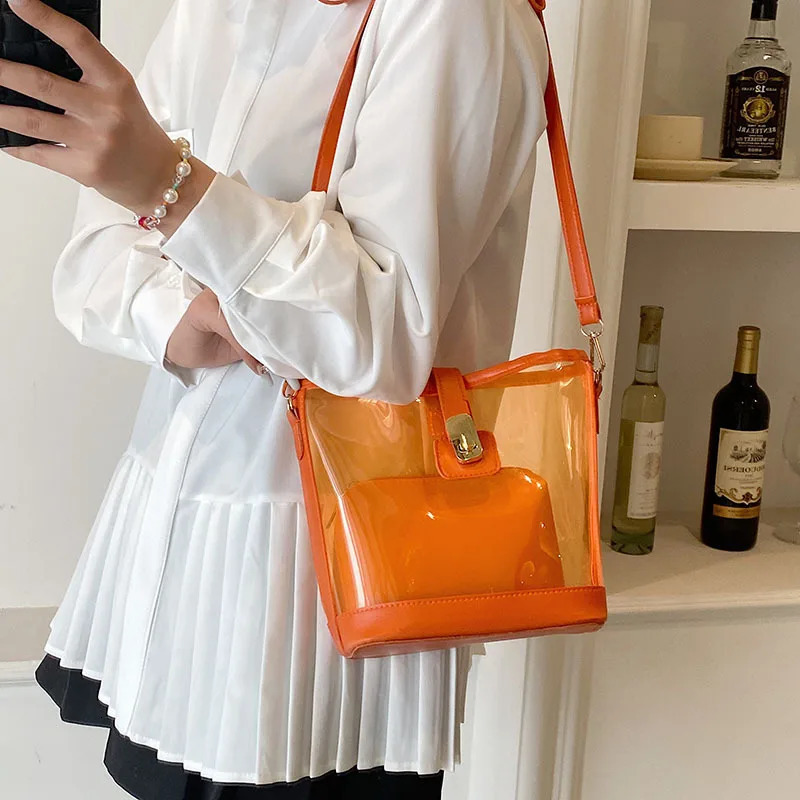 Womens Transparent Candy Color Singleshoulder Bag Summer Fashion Crossbody Jelly Bucket Bag 250605