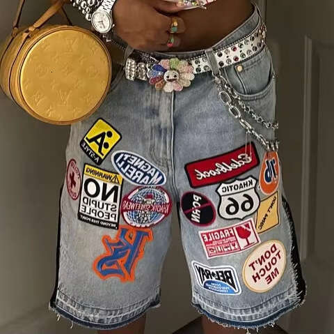 American Style Denim Y2K Harajuku Hip Hop Cartoon Embroidery Loose Sports Shorts