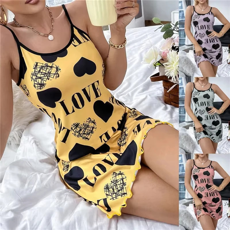 Summer Womens Nightgown Beauty Back Thin Section Of Home Wear Sexy Halter Short Skirt Love Cartoon Cute Printing Pajamas 250529