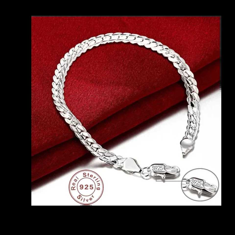 925 Sterling Silver Bracelet 6mm 18cm Flat Side Chain Lobster Clasp For Women Men Wedding Engagement Jewelry Silver Bracelet W250606