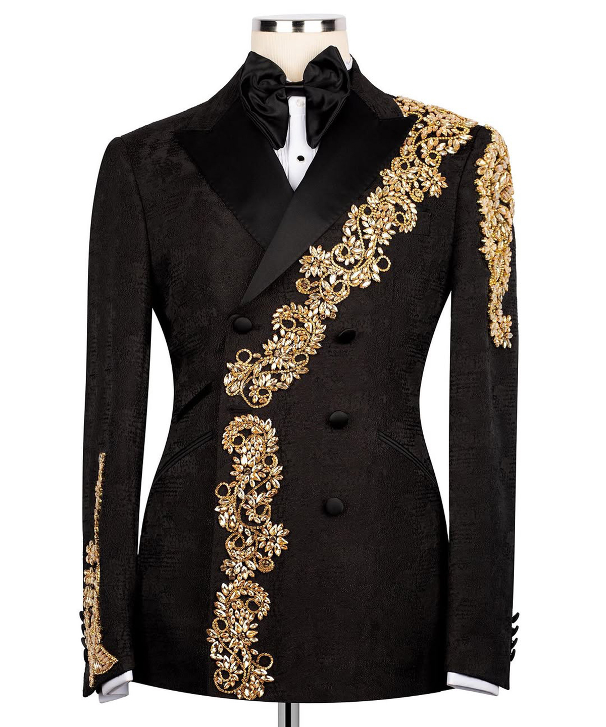 Luxury Man Suits Beading Peaked Lapel Party Prom 2 Pieces Set Blazer Rhinestone Customized Evening Double Breasted Jacket Pants Plus Size