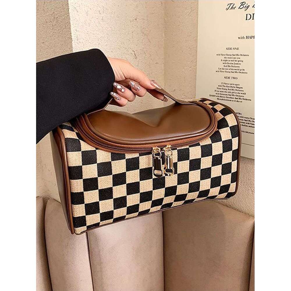 Portable Plaid Fashion Large Capacity Patchwork Toiletry Handheld Zipper Makeup Storage Bag