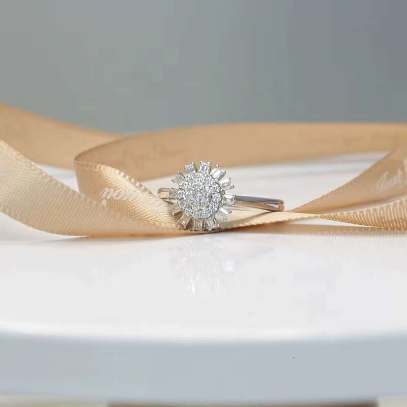 DE VVS1 Sterling Silver925 Melee Round Baguette Moissanite Diamond Ring Flower Design Fine Jewelry