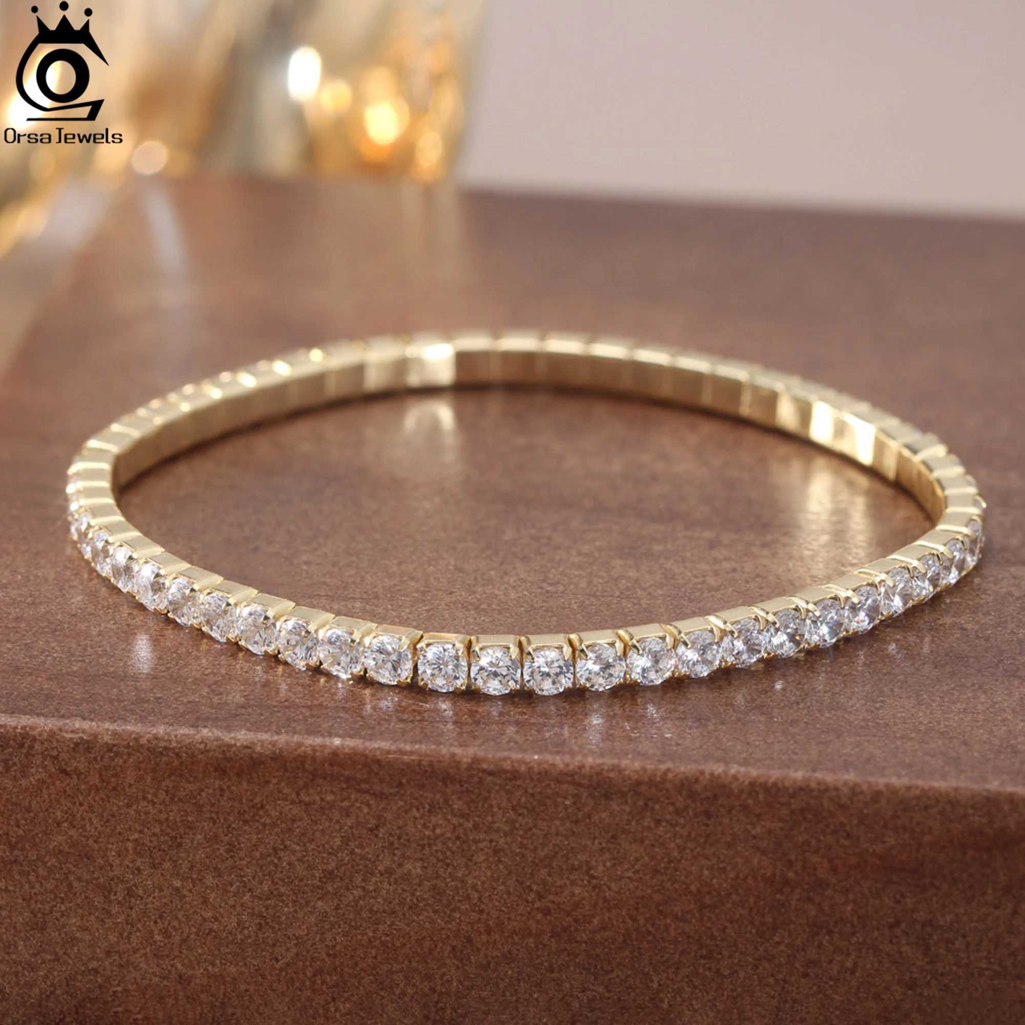 ORSA JEWELS 3mm Sparkling 5A Cubic Zirconia Tennis Chain Bracelet 925 Sterling Silver 14K Gold Plated Elastic Rope Gift SB217 W250606