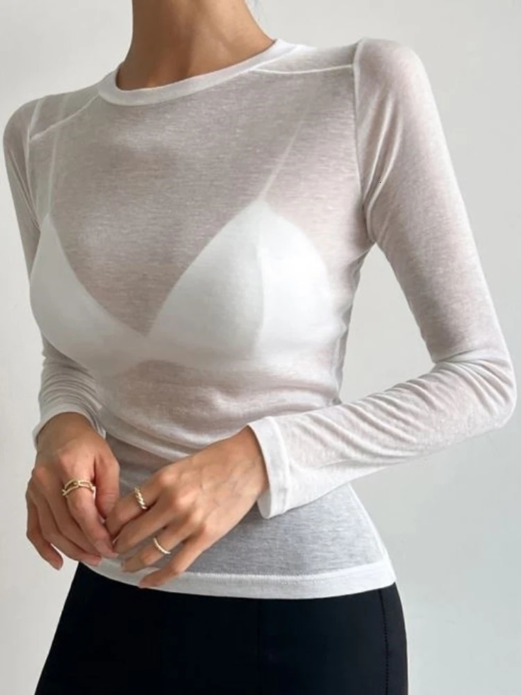 Sexy Shirt Women T-Shirt Korean Style Slim Basic Elasticity Tshirt Top Womens Clothing T Shirt Thin T-shirt see through 250605