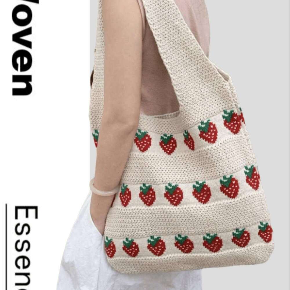 Tote Strawberry Pattern Woven Knitted Crochet Bag Durable Large Capacity Ladies Handbag B5