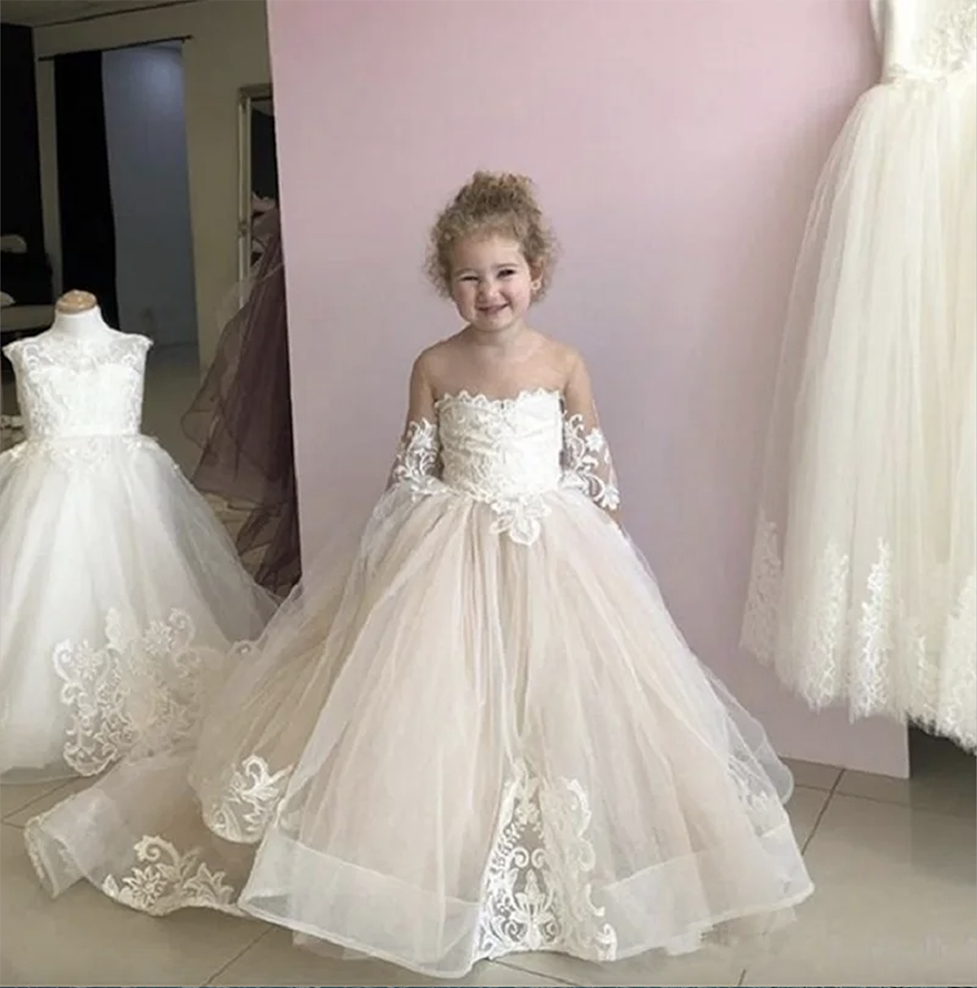 Champagne Little Girls Bridesmaid Dress Flower Girl Dresses Ball Gown Kids TUTU Lace Wedding Party Pageant First Communion Gown