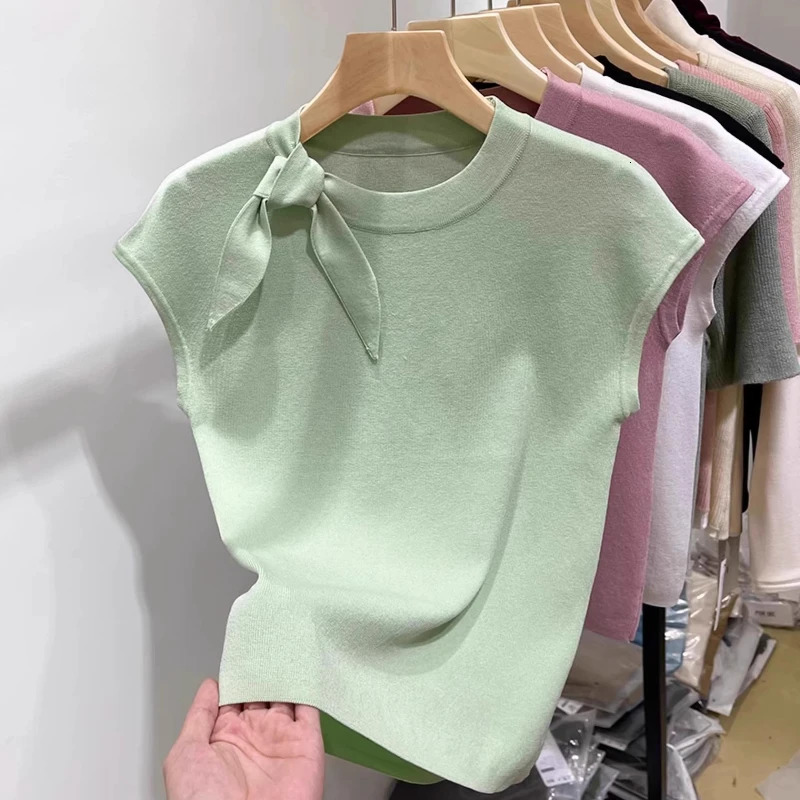 AOSSVIAO 2025 Womens Short Sleeve Round Neck Knit Sweater Summer Slim Fit Versatile Pullover Laceup Fashion Female Clothes 250530