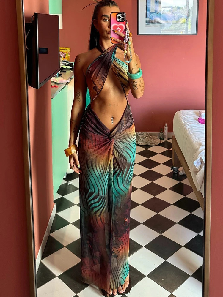 Weird Puss Gradient Colorful Dress Women Hollow Cross Halter Backless Robe Sexy Midnight Vacation Hipster Party Trend Bodycon 250605