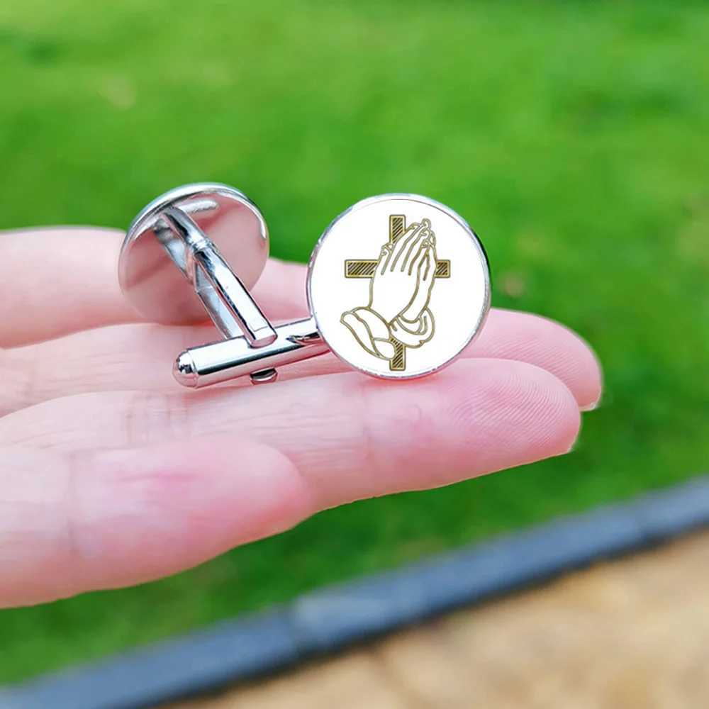 Jesus Cross Cufflinks for Men God Bless Glass Cabochon Shirt Cuff Links Buttons Christian Gifts W250606