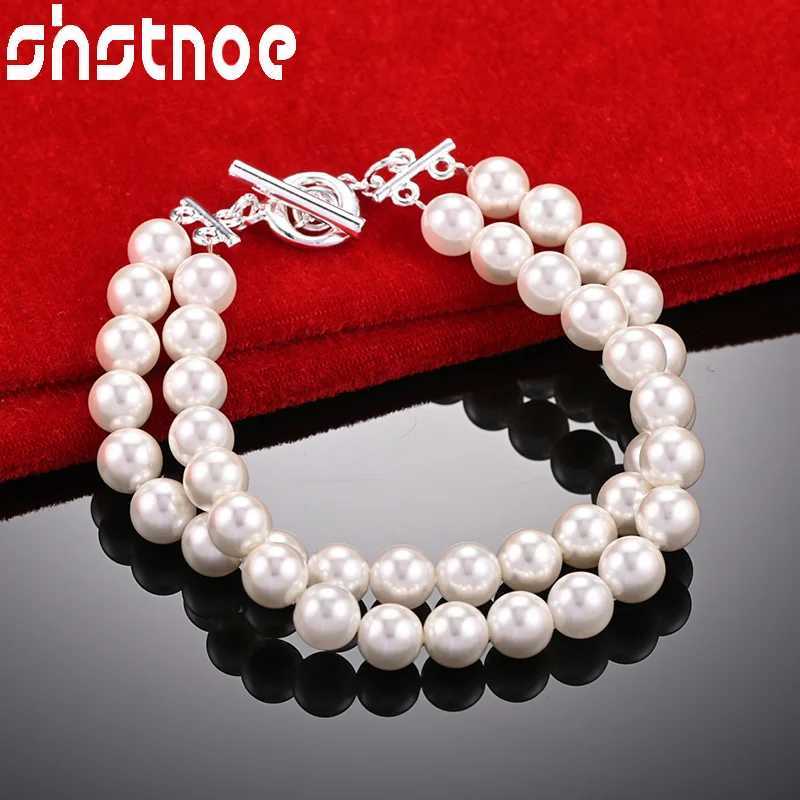 SHSTONE 925 Sterling Silver Double Artificial Pearls Chain Bracelet For Women Wedding Accessories Party Birthday Fashion Jewelry W250606