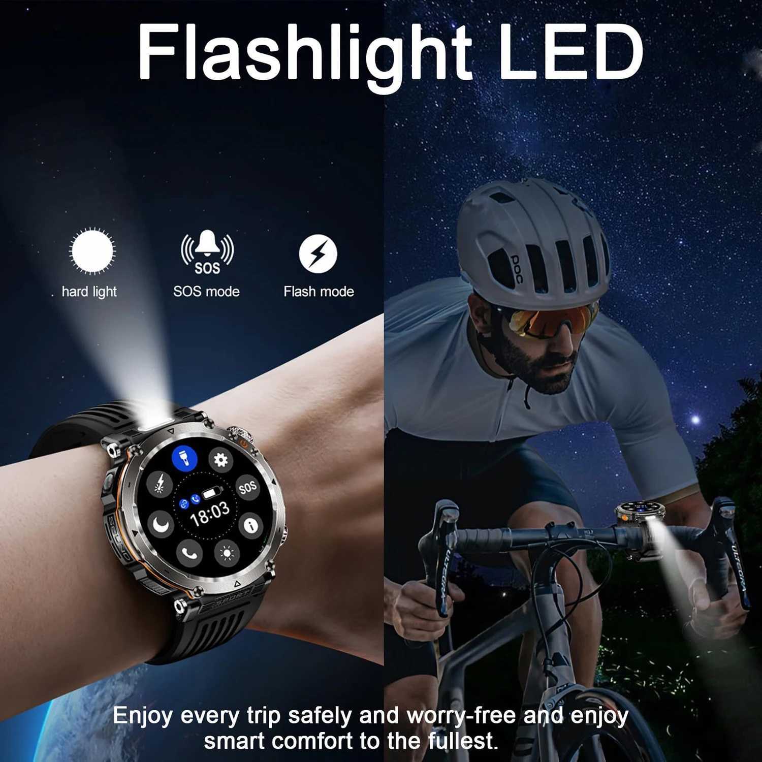 5ATM Outdoor Smart Watch Men 600mAh LED Flashlight SmartWatch Cpass call rate IP 68 Sports Smartwatch 2025 New C251203