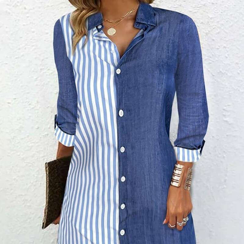 Fashion Women's Striped Color Block Long Sleeve Comfortable Casual Button Mid-Length Shirt B5