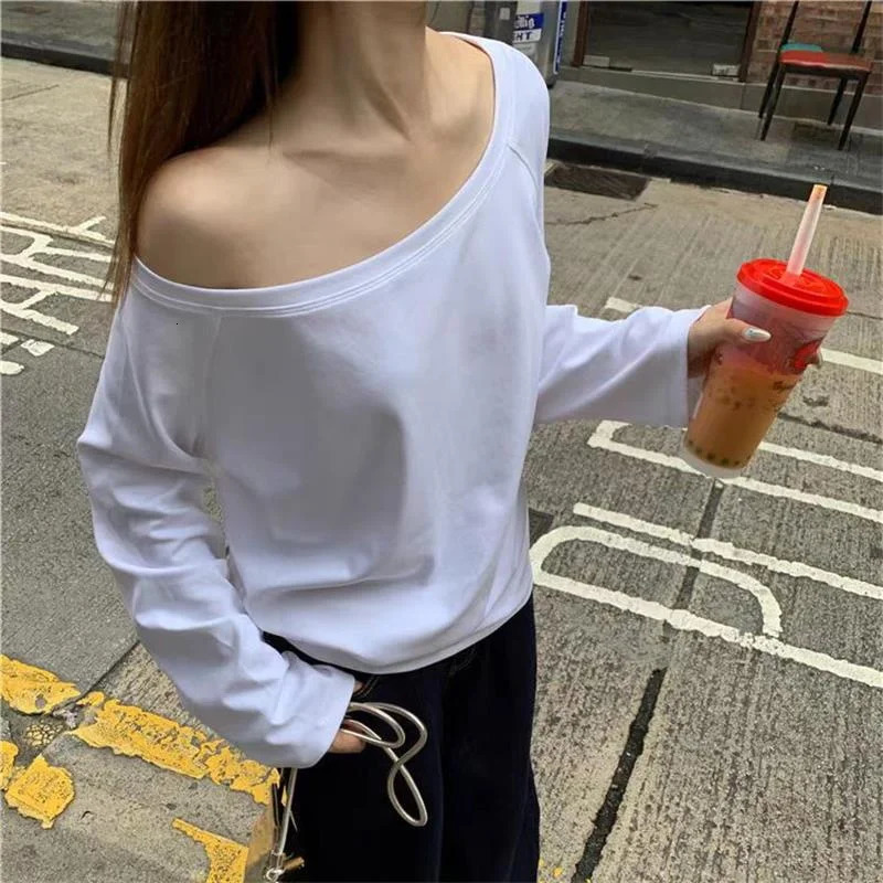 Women Basic style Skew Collar Baggy Off Shoulder Long Sleeve T-shirts White Female Soft Casual Tee shirts Womens Black Top 250605