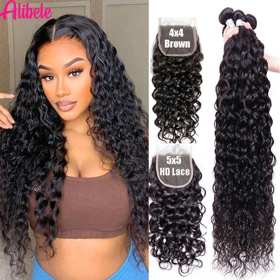 Alibele 5x5 HD Malaysia Water Wave Weave Human Hair Bundles With 4x4 Lace Closure
