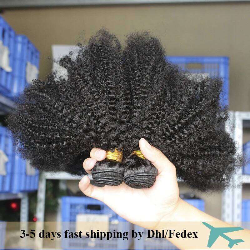 Mongolian Afro Kinky Curly Natural Raw Human Bundles With Closure 4B 4C Extension Weave Weft Hair For Blacks