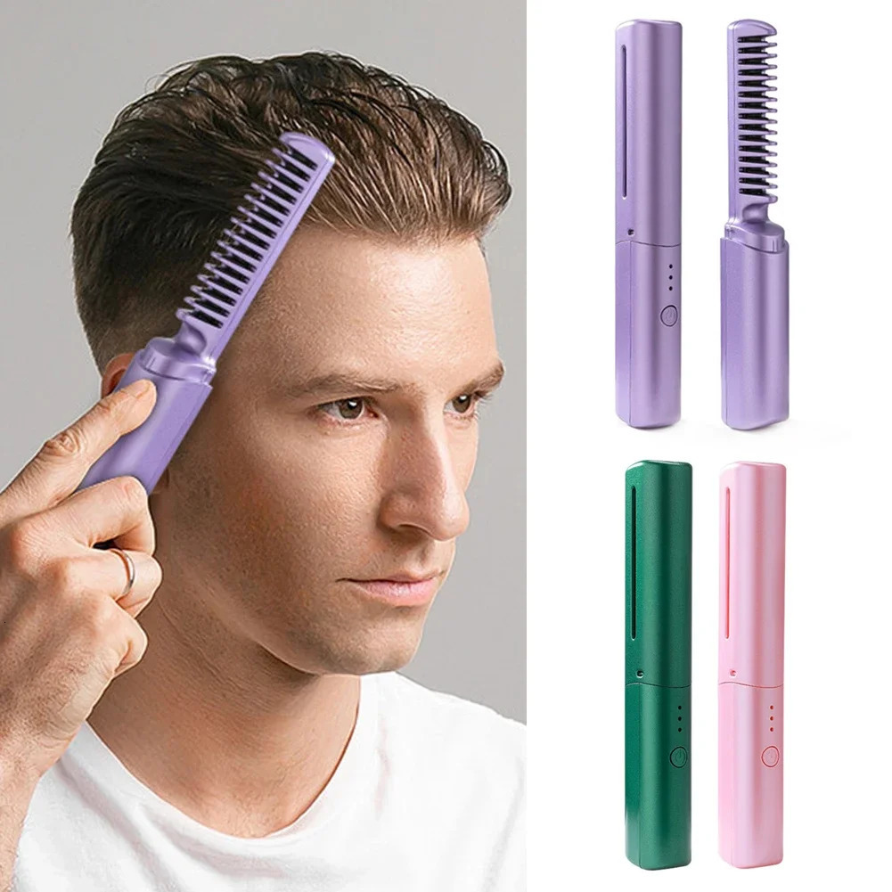 Hair Straightener Brush 3 Levels 60s -Scald Heat Up Cordless Rechargeable Comb 4000mAh Battery Straightener Brush 250605