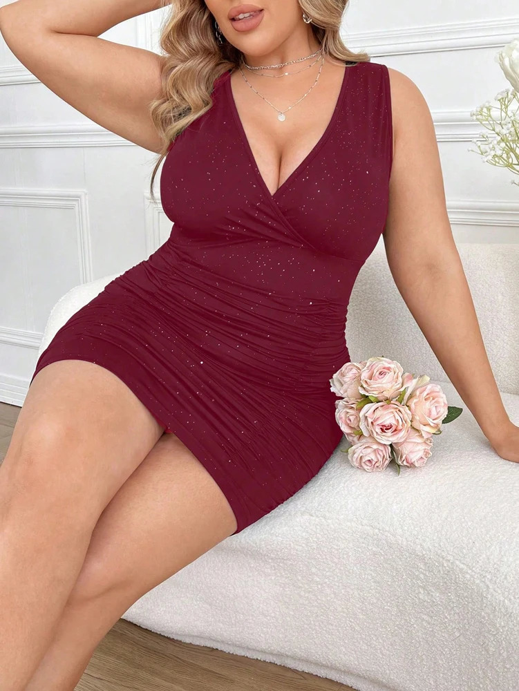 Plus Size Womens 2025 Summer Deep Ruffle Neckline Fitted Dress Sequins VNeck Hip Sleeveless Elegant 250526