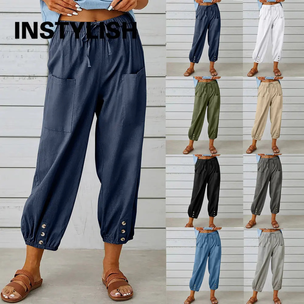 Women Cotton Linen Pants Autumn Solid Color Elastic Waist Loose Straight Trousers Female Harajuku High Waist Wide Leg Pants 250605