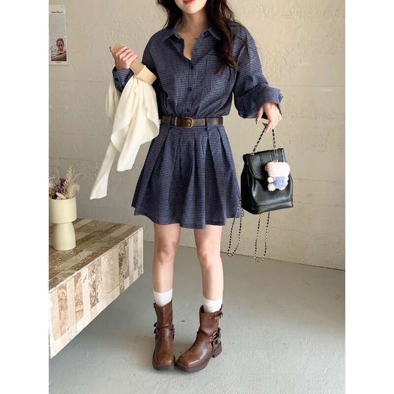 3rd Morning Middle Korean Blue Checkered Shirt Dress with Belt ZY2641