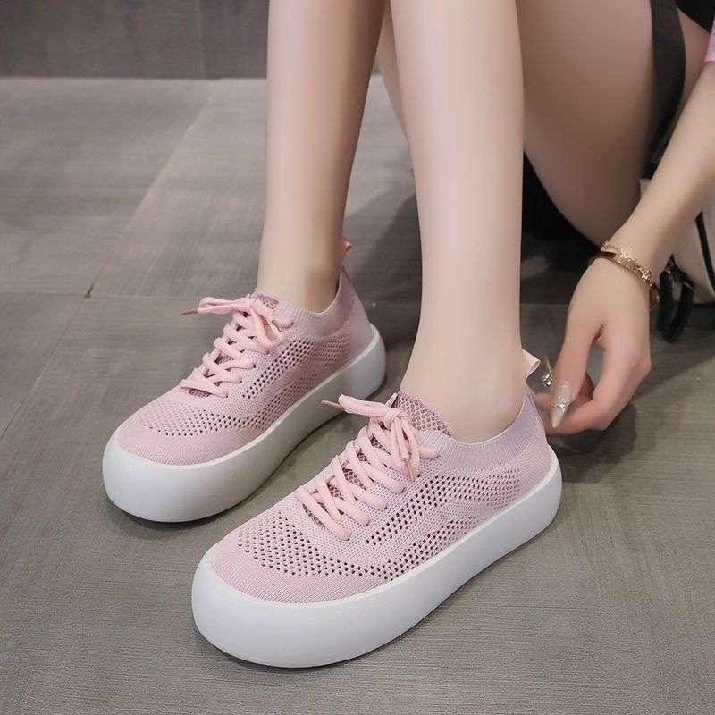 Mesh Breathable White Sneakers Summer New Versatile Fashion Flyknit Thick Sole Sports Casual Shoes Lace Up Single Shoes For Women Ddmysaturn