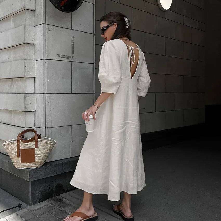 Coats Designer Women Retro Cotton Linen Women's Summer Dress Sexy V-Neck Puff Sleeve Long Maxi Birthday Graduation Dresses Beach Sundress Robe Fe