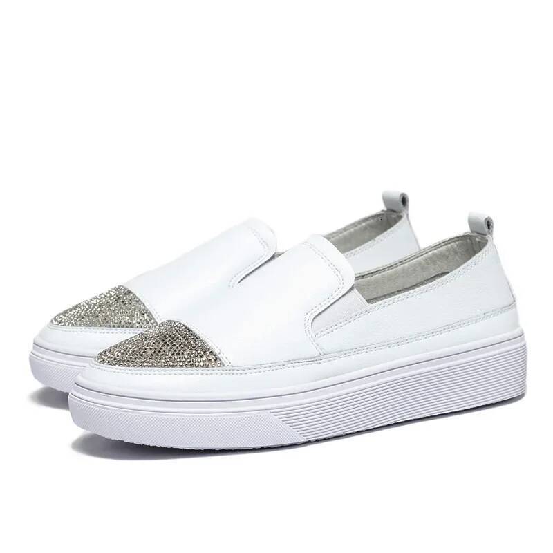 Ddmyoutdoor Genuine Leather White Rhinestone Sneakers Women Spring And Autumn Flat All Match Thick Bottom Walking Shoes Womendf Outdoor Shoes