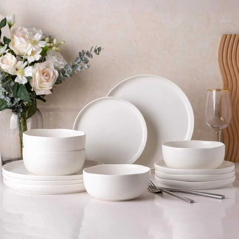 Ceramic Dinnerware Sets Wavy Rim Stoneware Plates and Bowls Sets Highly Chip and Crack Resistant Service for 4C250606