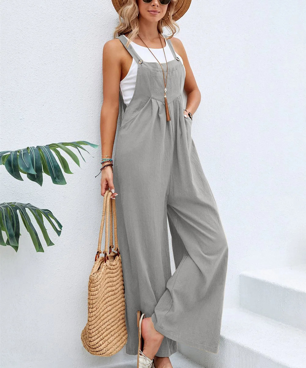 Summer Women Long Jumpsuit Solid Color Casual Loose Thin Size Sleeveless Straps Wide Leg Women Suspender Loose Jumpsuit 250530