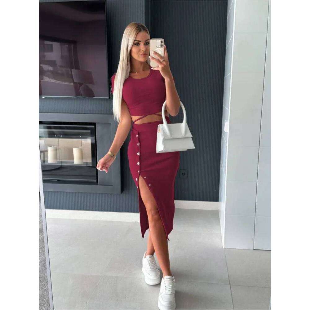Summer Suit New Solid Color Short-sleeved Round Neck Top Button Exposed Navel Hip Mid-length Skirt Casual Two-piece Set Y2k