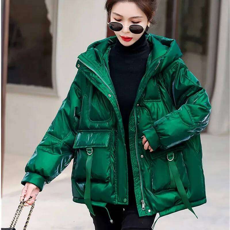 Glossy Down Cotton Jacket 2024 Winter New Thicken Padded Parkas Coat Women Warm Hooded Jackets Fashion Loose Short Outwear