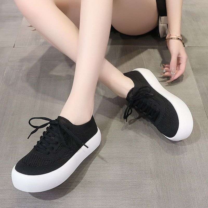 Mesh Breathable White Sneakers Summer New Versatile Fashion Flyknit Thick Sole Sports Casual Shoes Lace Up Single Shoes For Women Ddmysaturn