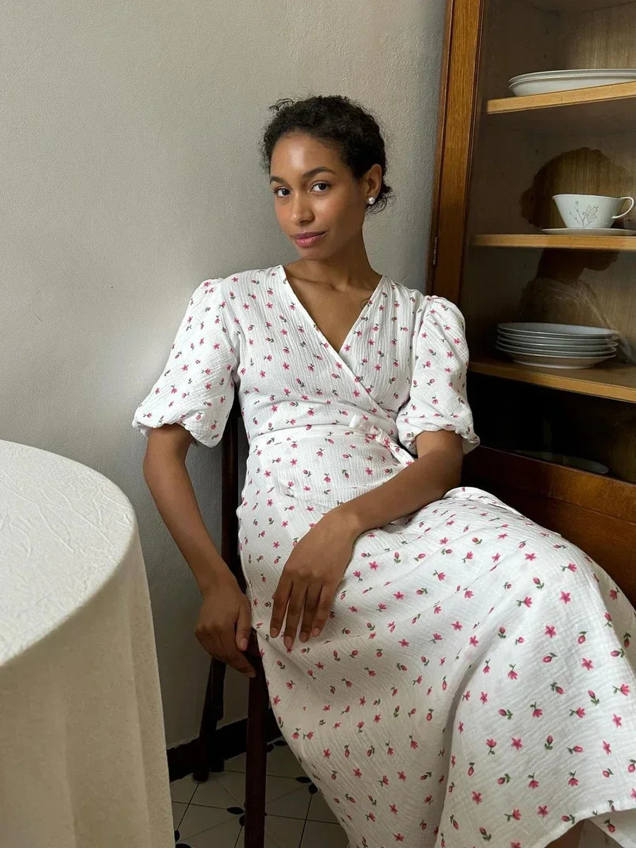 Wolfeel Summer Women Psrinted Dress Lace Up Short Sleeve Fashion Office Lady Long Dress 100% Cotton Daily Casual V-neck Skirt 250605