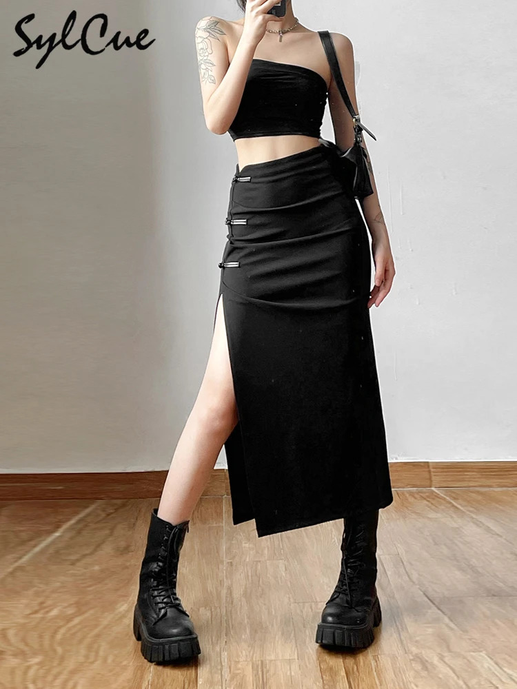 Nibber Black Sexy Split Simple Casual All-Match Street Outing Cool Mature Vitality Personality Trend Basic WomenS Skirt 250605