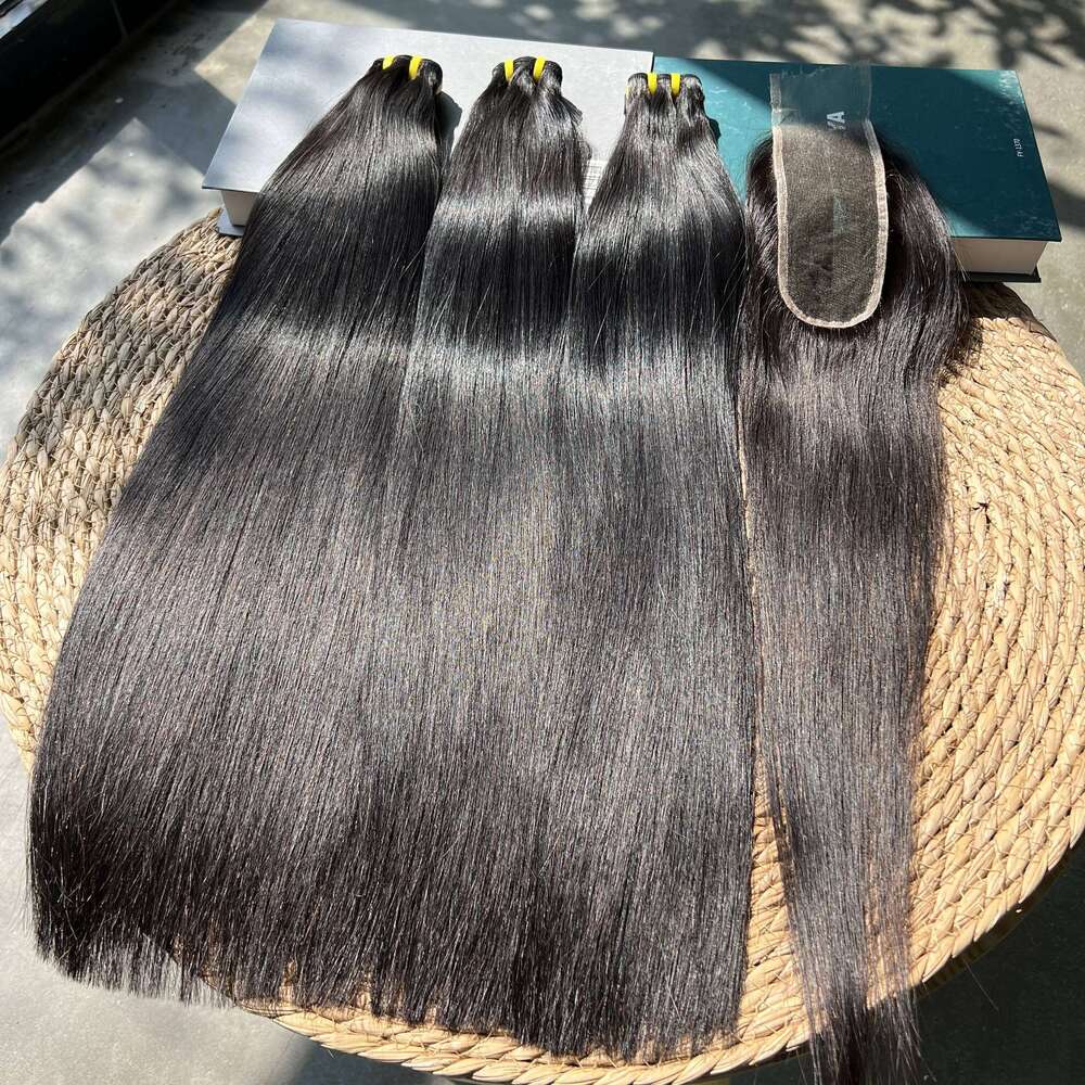 Double Drawn Straight 100% Raw Virgin Vieamese Human Bundles With 2x6 Transparent Lace Closure Hair Weave Extensions