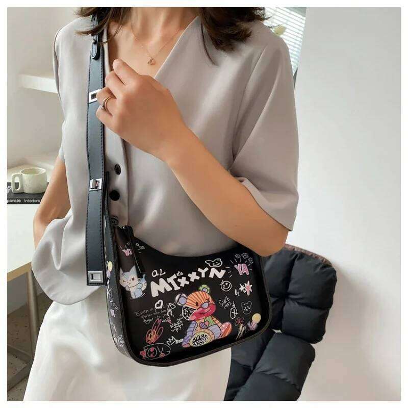 Simple Design Shoulder Woman Cartoon Graffiti PU Leather Crossbody Bag Fashion Trend Cute High Quality Famous Brand Handbag