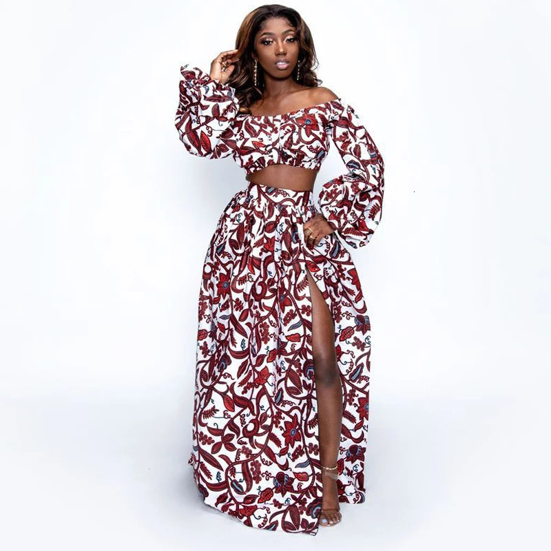 African Dresses for Women Autumn 2-piece Set Lady Full Sleeve Shoulder Off Festher Dashiki Print Split Skirts Africna Clothes 250605