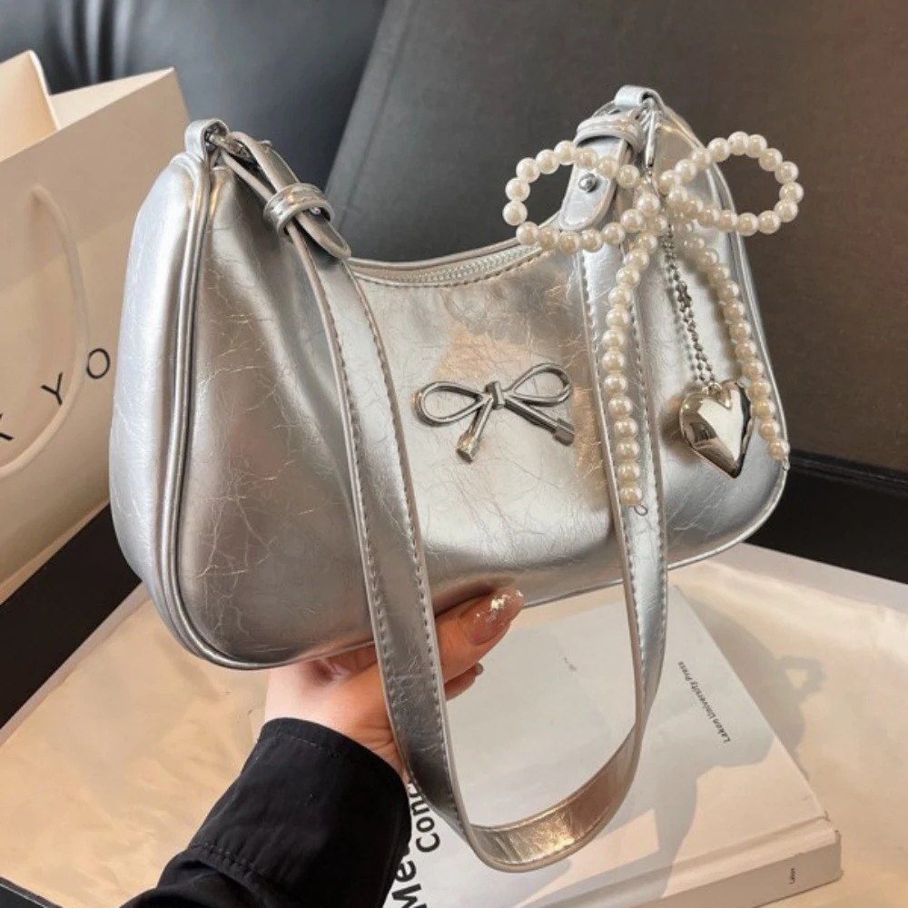 Burgundy Bow One Shoulder Bag for Women Chic High Grade Texture Zipper Armpit Bags Daily Working Commute Crossbody Packs 250605