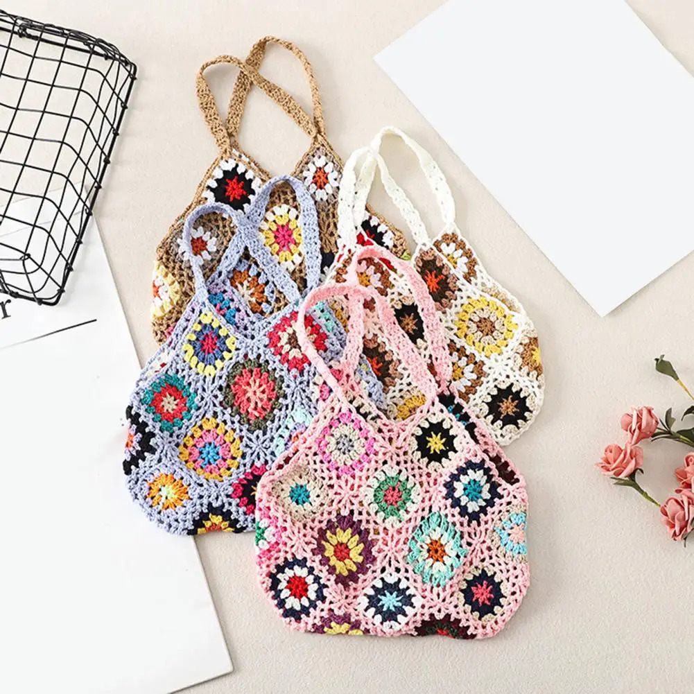Bohemian Crochet Ladies Shoulder Bags Knitted Multicolor Hollow Tote Bag Retro Casual Knit Summer Beach Bag 250605