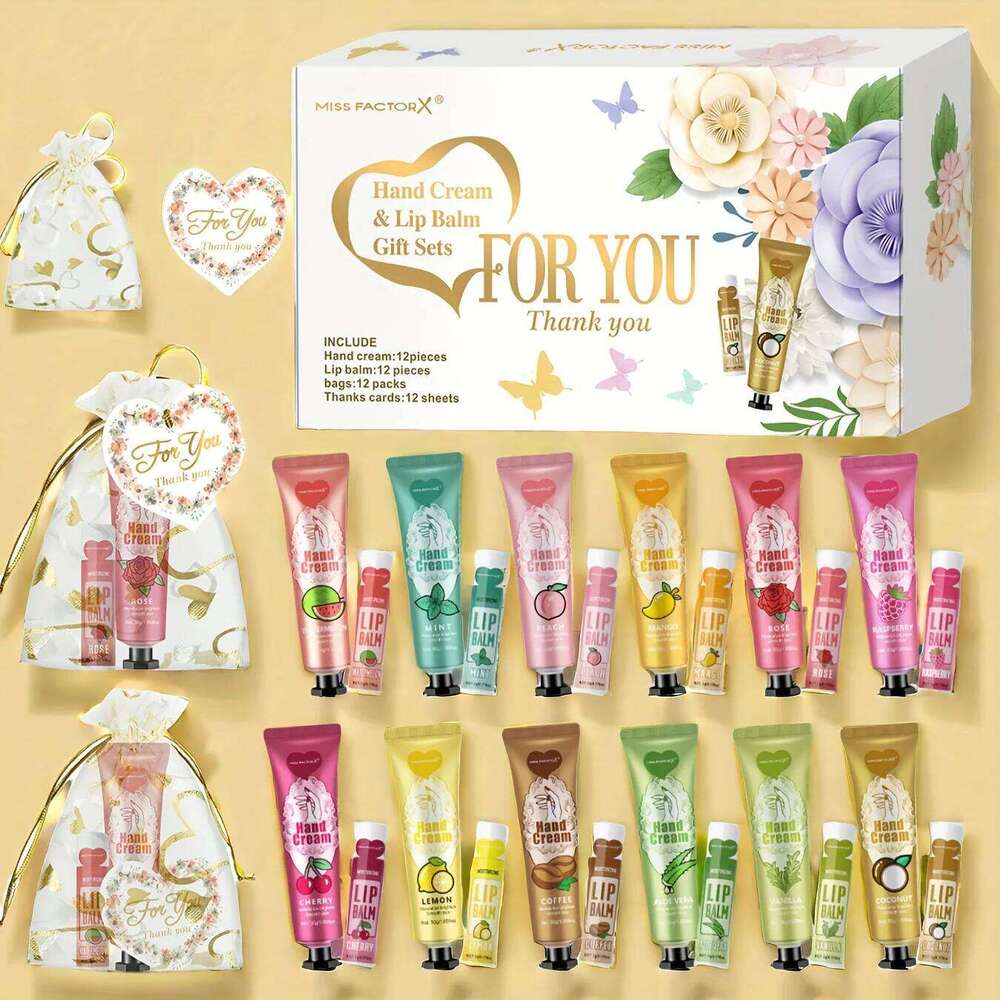 12 Hand cream lip balm set Friends Party Gift with love net bag and thank you card Holiday gift free shipping
