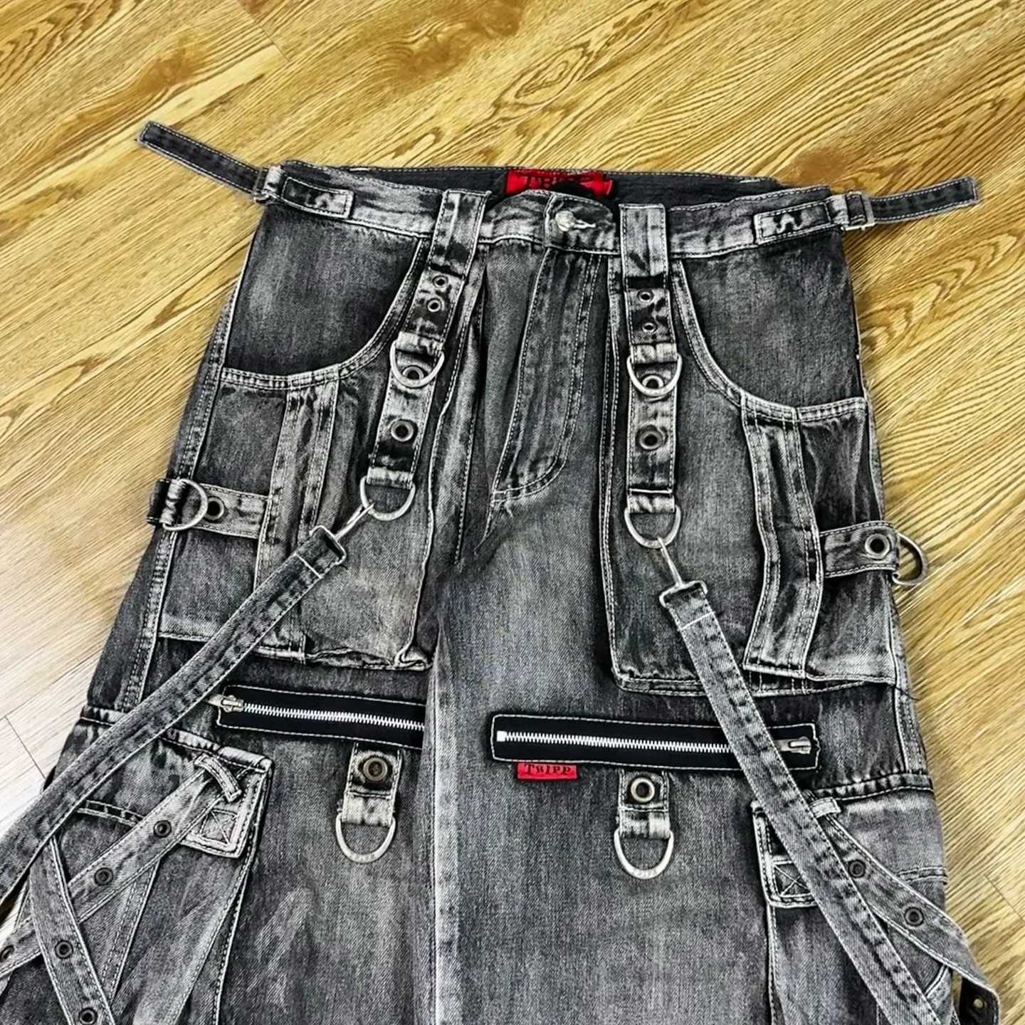 Gothic Ribbon Pocket Washed Super Wide Leg Jeans Men Y2K New American Harajuku Hip Hop Gothic Rock Retro Wide Pants Street Wear Z250605