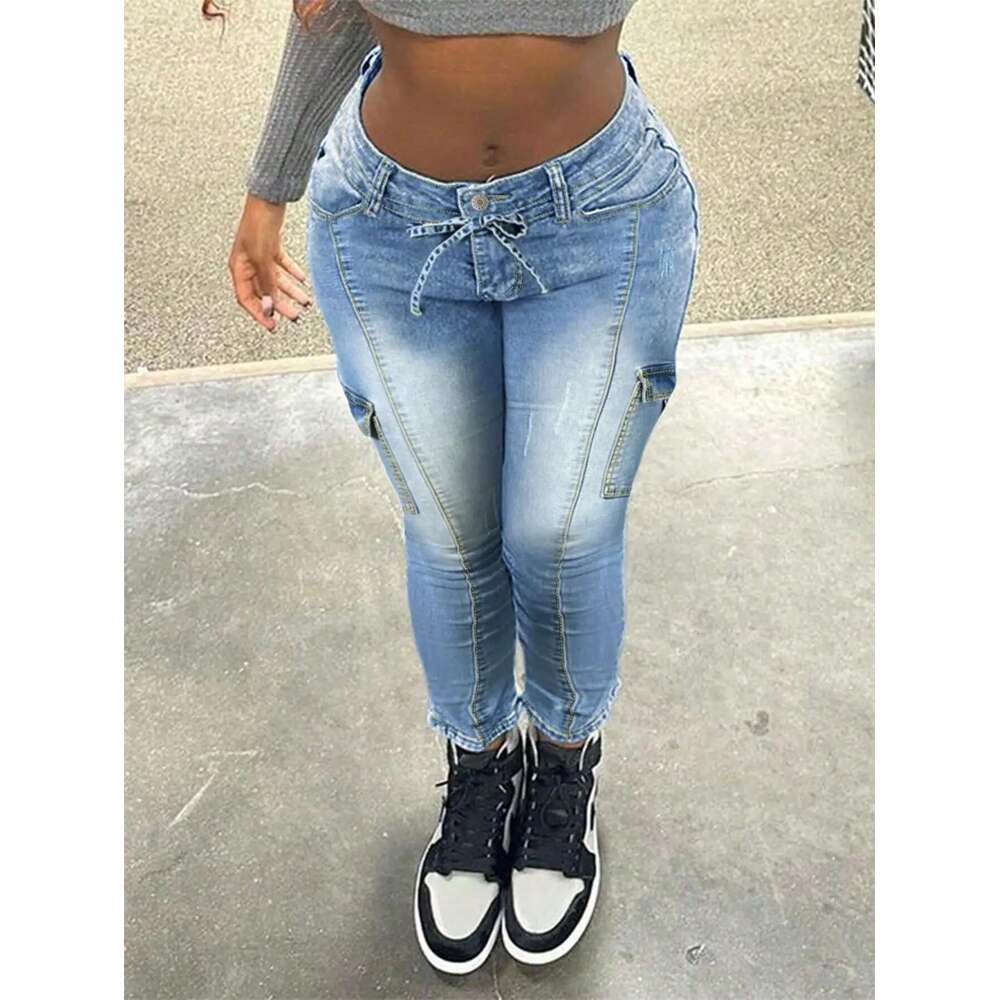 Solid Color Elastic Fashion Jeans, Sexy Tight-Fitting Jeans With Pockets And Drawstring, Women's Wear