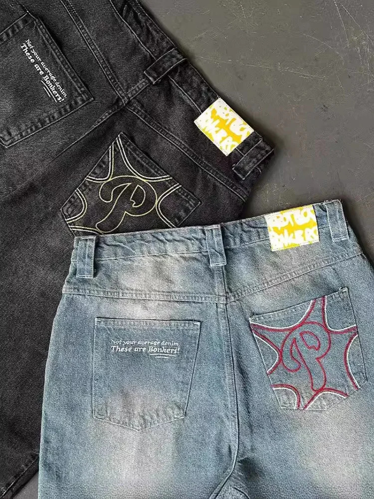 Y2K Protect Streetwear Hip Hop Jeans Mens Pants Harajuku Letter Embroidery Vintage Blue Baggy Jeans High Waist Wide Leg Trouser 250605