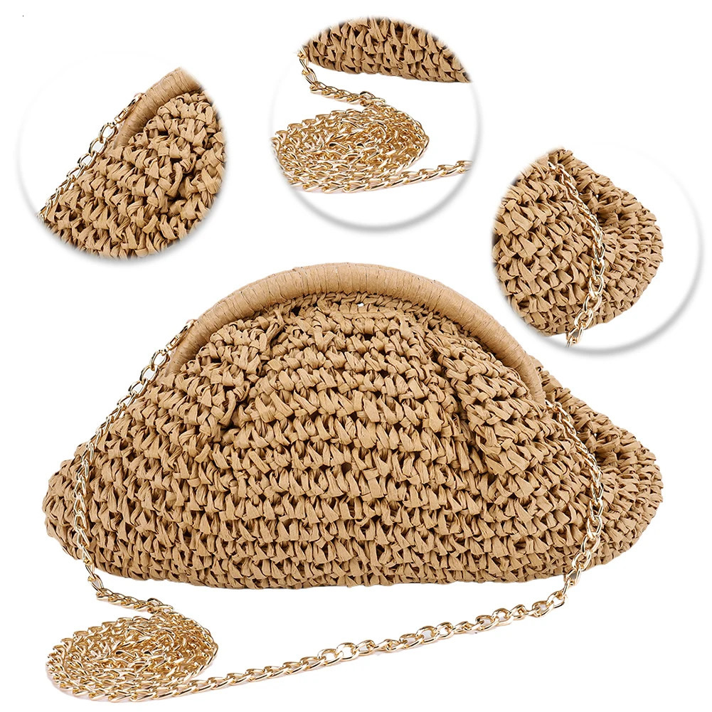 Women Straw Woven Bag Chain Strap Fashion Shoulder Large Capacity Weaving Satchel Solid Color for Party Vacation 250605