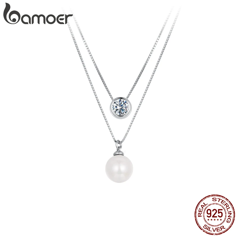 BAMOER Moissanite Pearl Necklaces for Women, Dainty Real 925 Sterling Silver Choker Double Layer Necklace Elegant Jewelry Necklaces