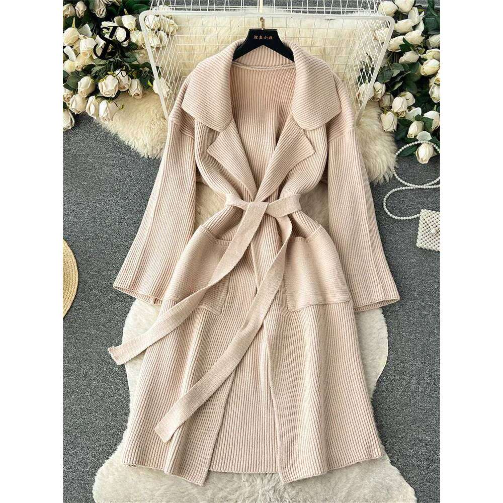 SINGREINY Winter Loose Knitted Overcoat Lapel Neck Sleeves Lace Up Streetwear 2023 Autumn Casual Long Sweater Cardiagns