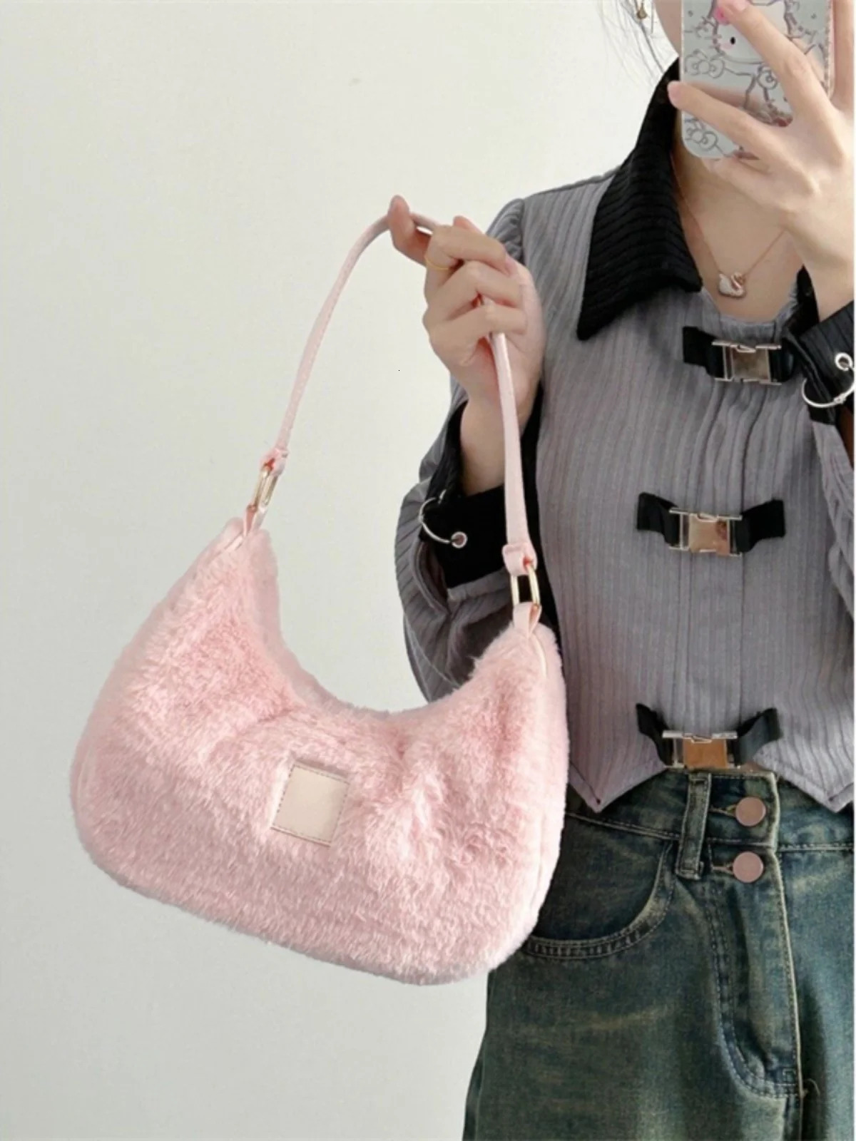 Pink Plush Underarm Bag Korean Versatile Plush Splicing PU Handheld Bag Autumn Winter Cute One Shoulder Bag 250530