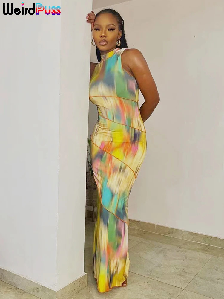 Weird Puss Colorful Print Dress Women Summer Trend Sleeveless Patchwork Skinny Elastic Bodycon Birthday Party Clubwear Vestidos 250605