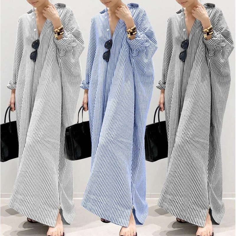 New Loose Striped Print Fashion Women's Plus Size Long Dress Cardigan B5